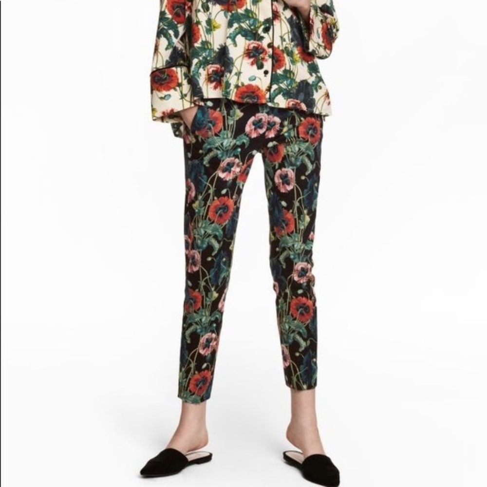 Poppy Print Ankle Pants Floral Print Crop Trousers